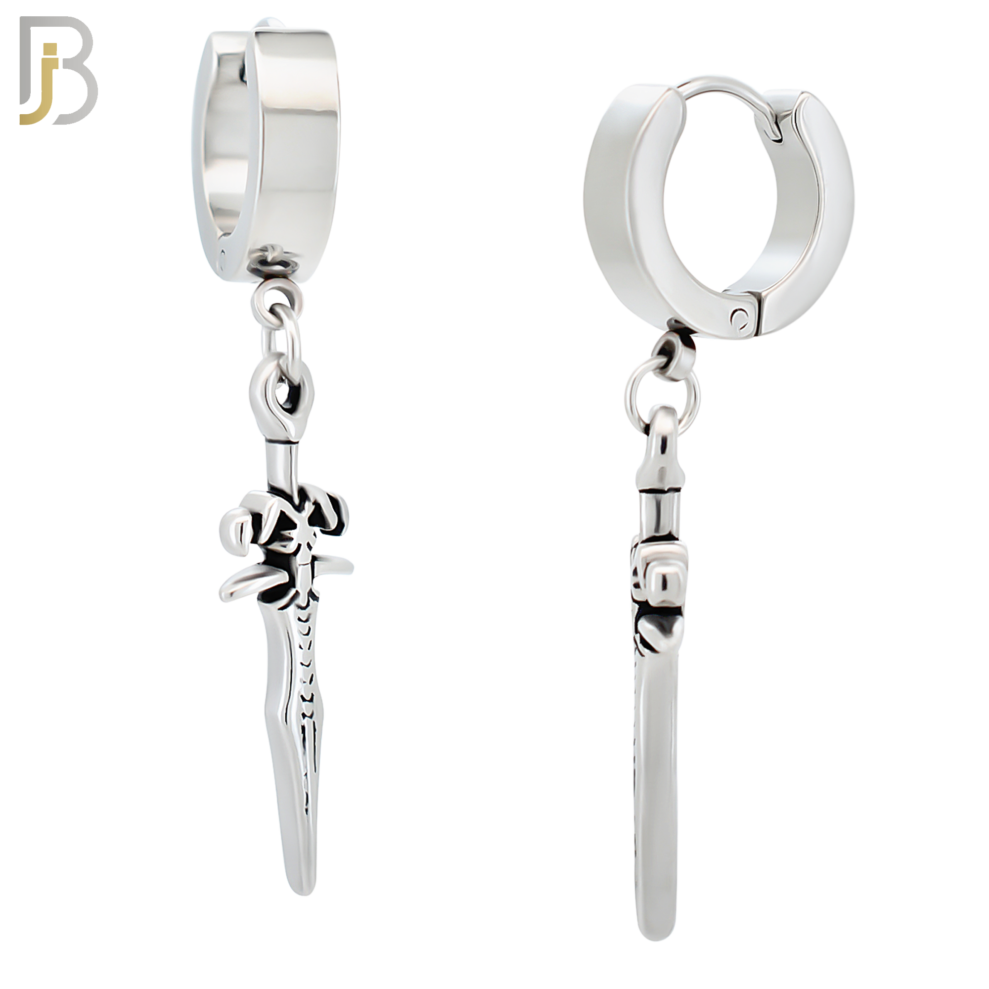 ES290 - 316L Stainless Steel Dangling Ornate Medieval Dagger Huggies Hoop Earrings image 0