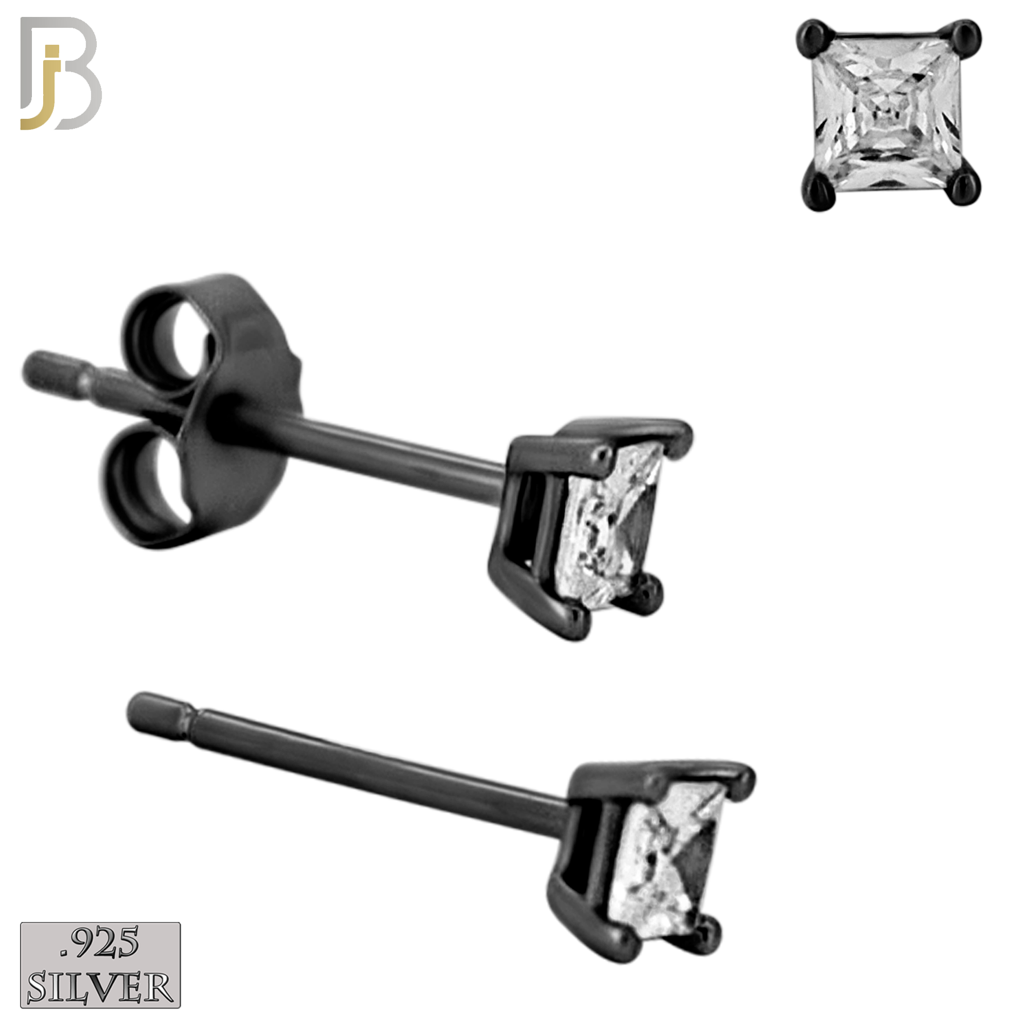 925-ES72-KC - .925 Sterling Silver Black Plated Earring Stud Casting Square Princess Cut Prong Setting Clear Zircon image 2