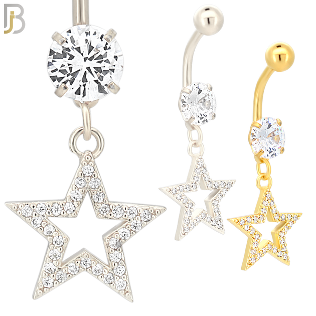 N014 - 316L Stainless Steel Dangling Star with Zircon Design Belly Ring with 5mm Screw Ball image 0