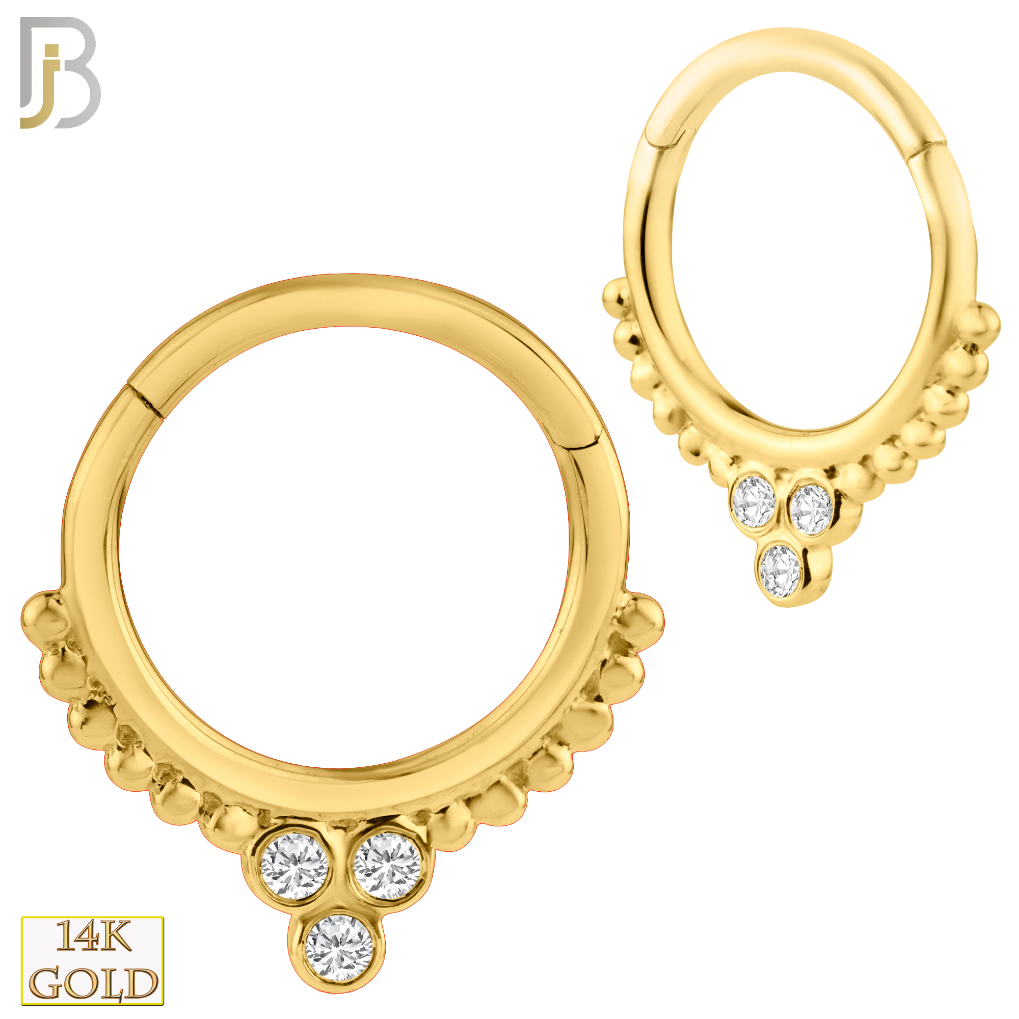 14-CT56 - 14K Solid Gold Hinged Hoops with Beaded Design with Zircon image 0