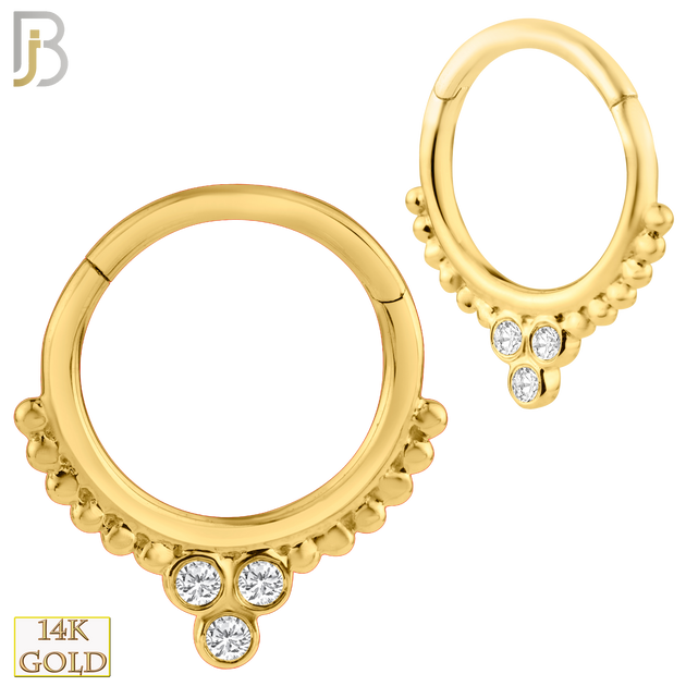 14-CT56 - 14K Solid Gold Hinged Hoops with Beaded Design with Zircon image 0