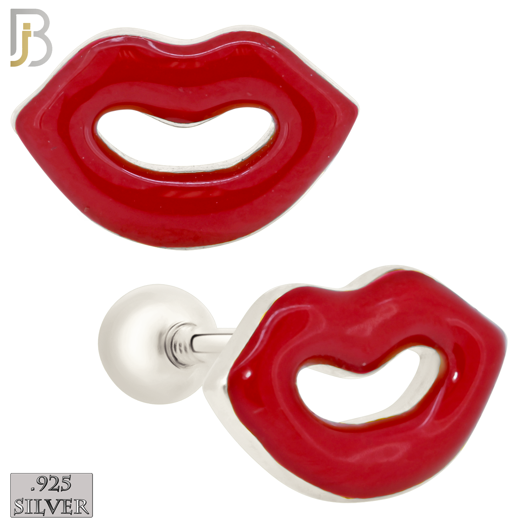 925-ES427 - Screw Ball Back - .925 Sterling Silver Red Enamel Lips Earrings Stud Earrings image 0