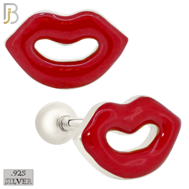 925-ES427 - Screw Ball Back - .925 Sterling Silver Red Enamel Lips Earrings Stud Earrings image 0