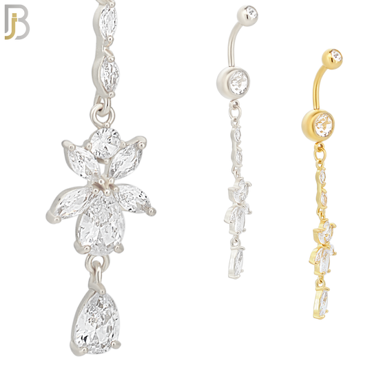 N057 - 316L Stainless Steel Dangling Flower with Teardrop Design Belly Ring with 5mm Screw Ball Top image 0