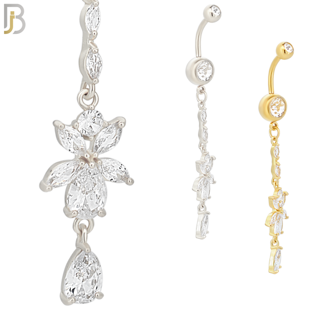 N057 - 316L Stainless Steel Dangling Flower with Teardrop Design Belly Ring with 5mm Screw Ball Top image 0