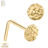 14-NR35L - 14k Solid Gold L-Shaped Nose Ring Rough Finish Disc Design - Yellow Gold image