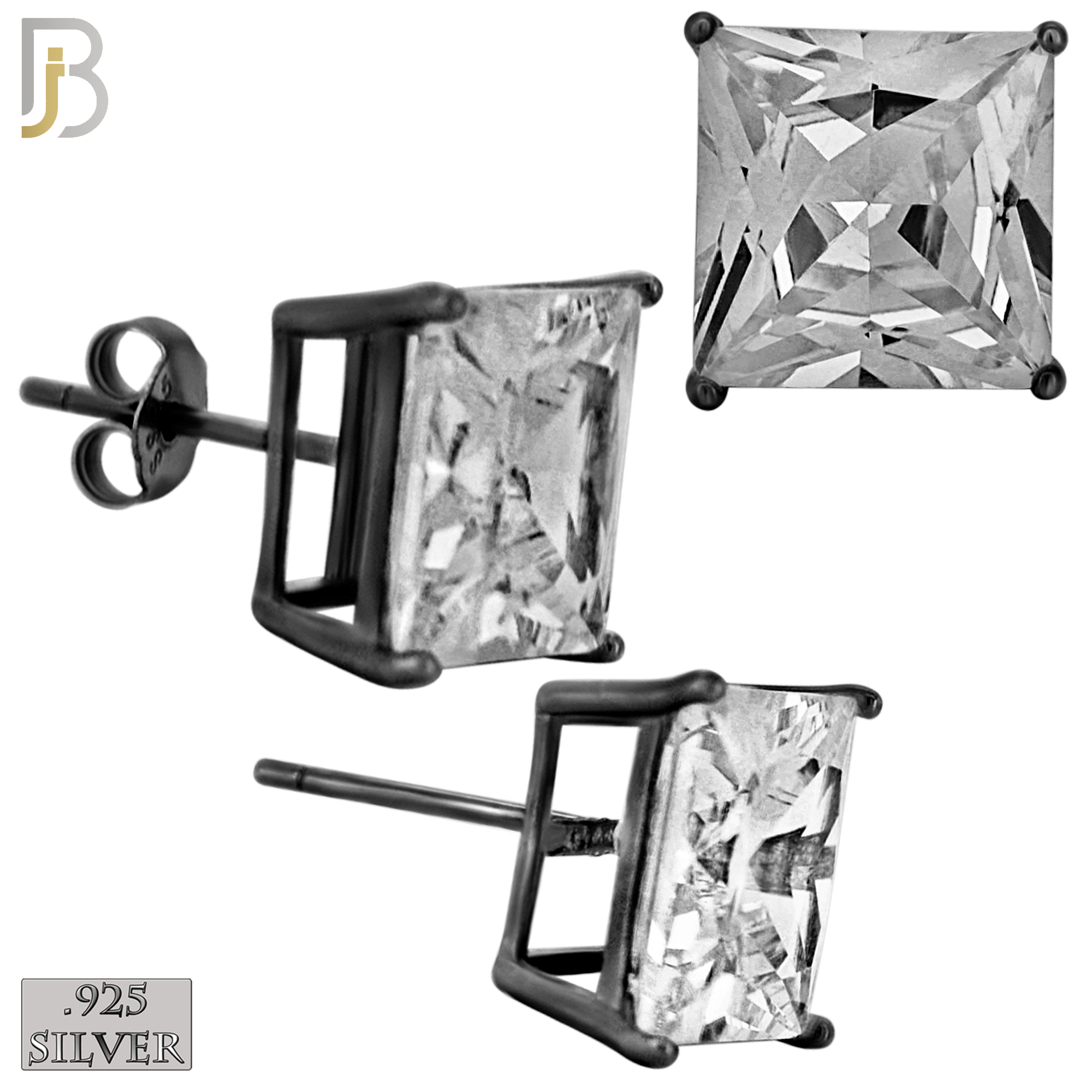 925-ES72-KC - .925 Sterling Silver Black Plated Earring Stud Casting Square Princess Cut Prong Setting Clear Zircon image 9