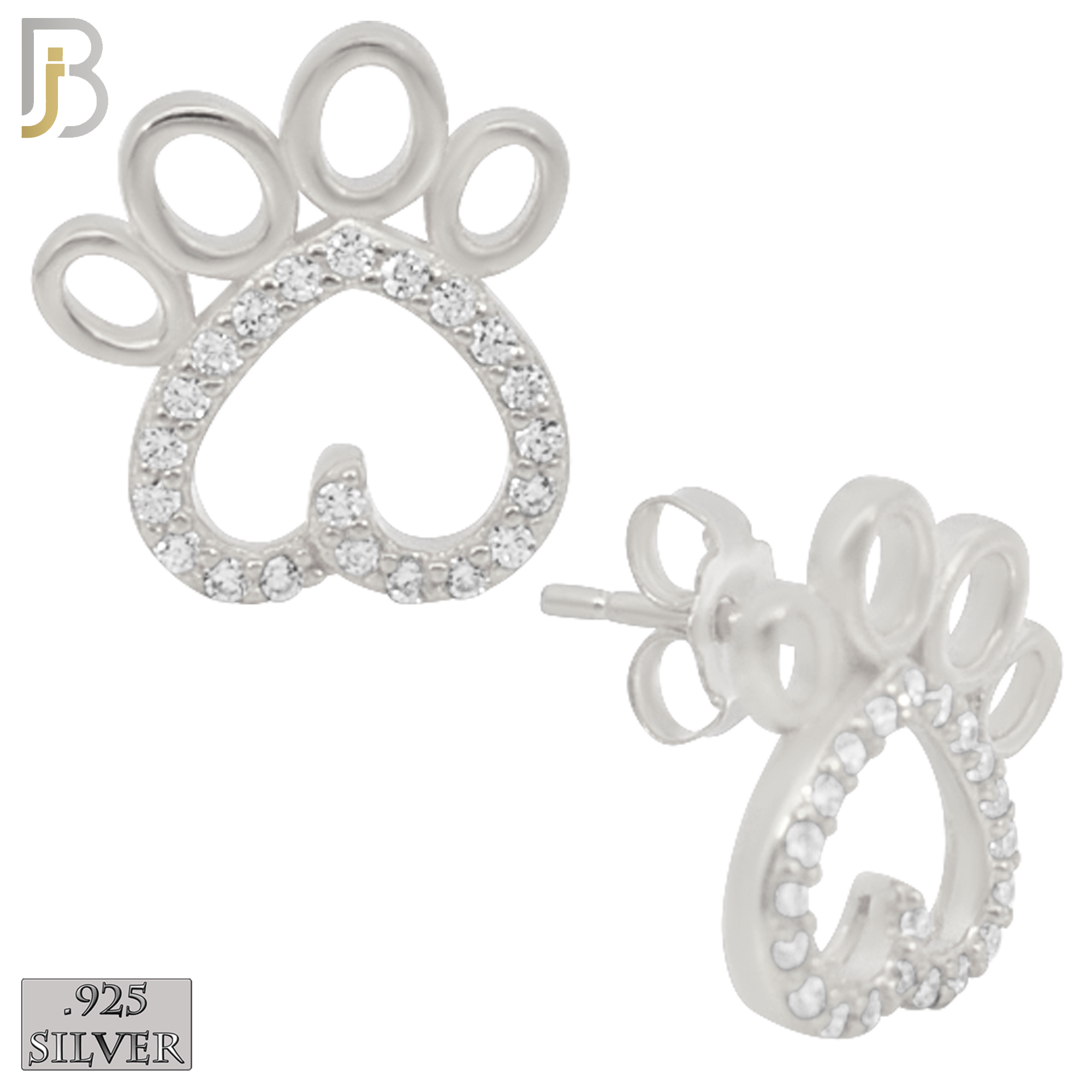 925-ES215 - .925 Sterling Silver Heart Shaped Paw Design Earring Stud with Clear Zircon image 1