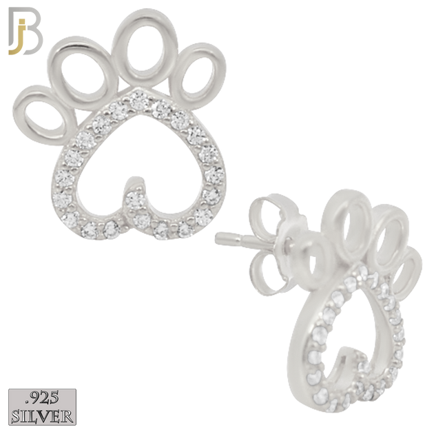 925-ES215 - .925 Sterling Silver Heart Shaped Paw Design Earring Stud with Clear Zircon image 1