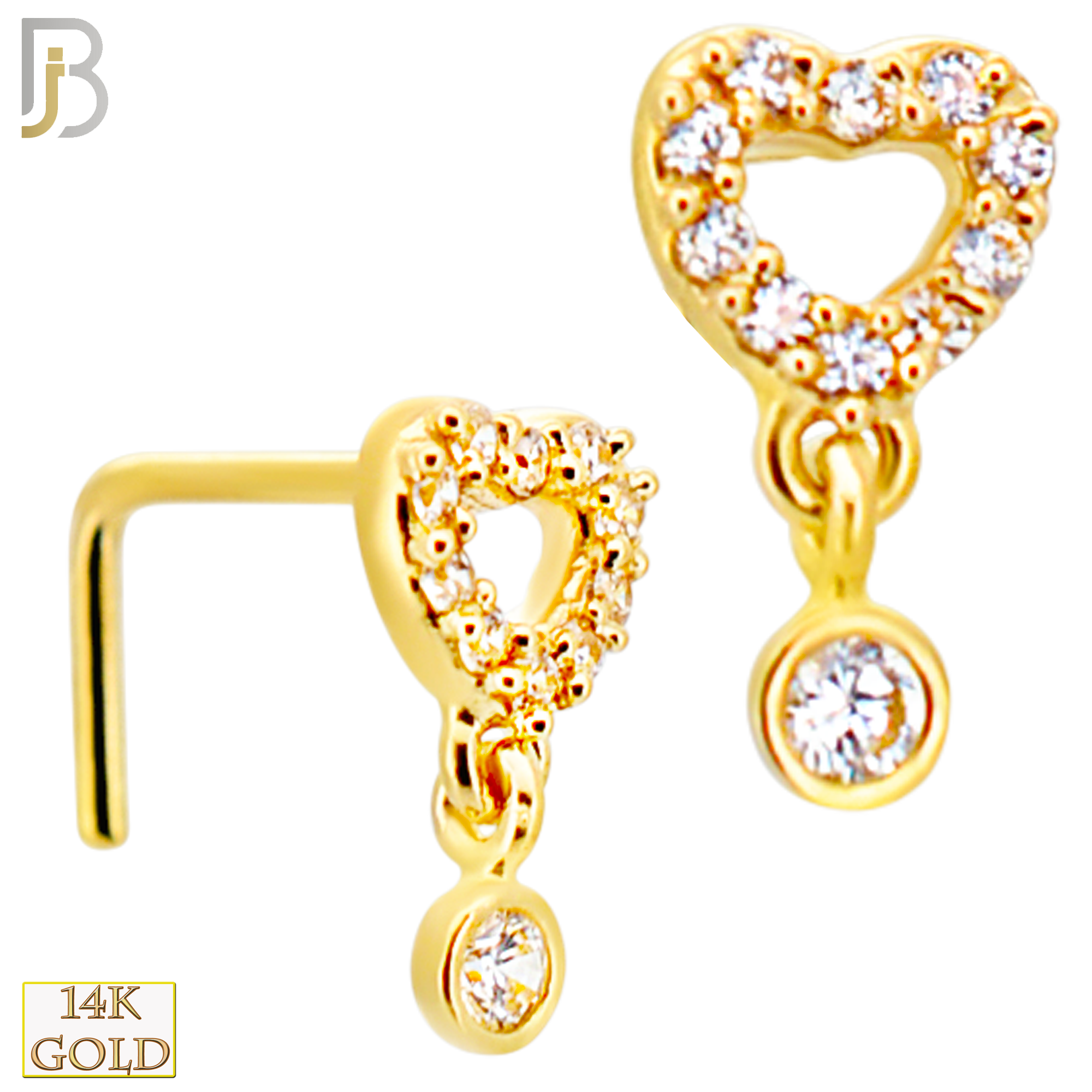 14-NR108L- 14k Gold Studded Heart with Dangling CZ in Bezel Setting - Yellow Gold image