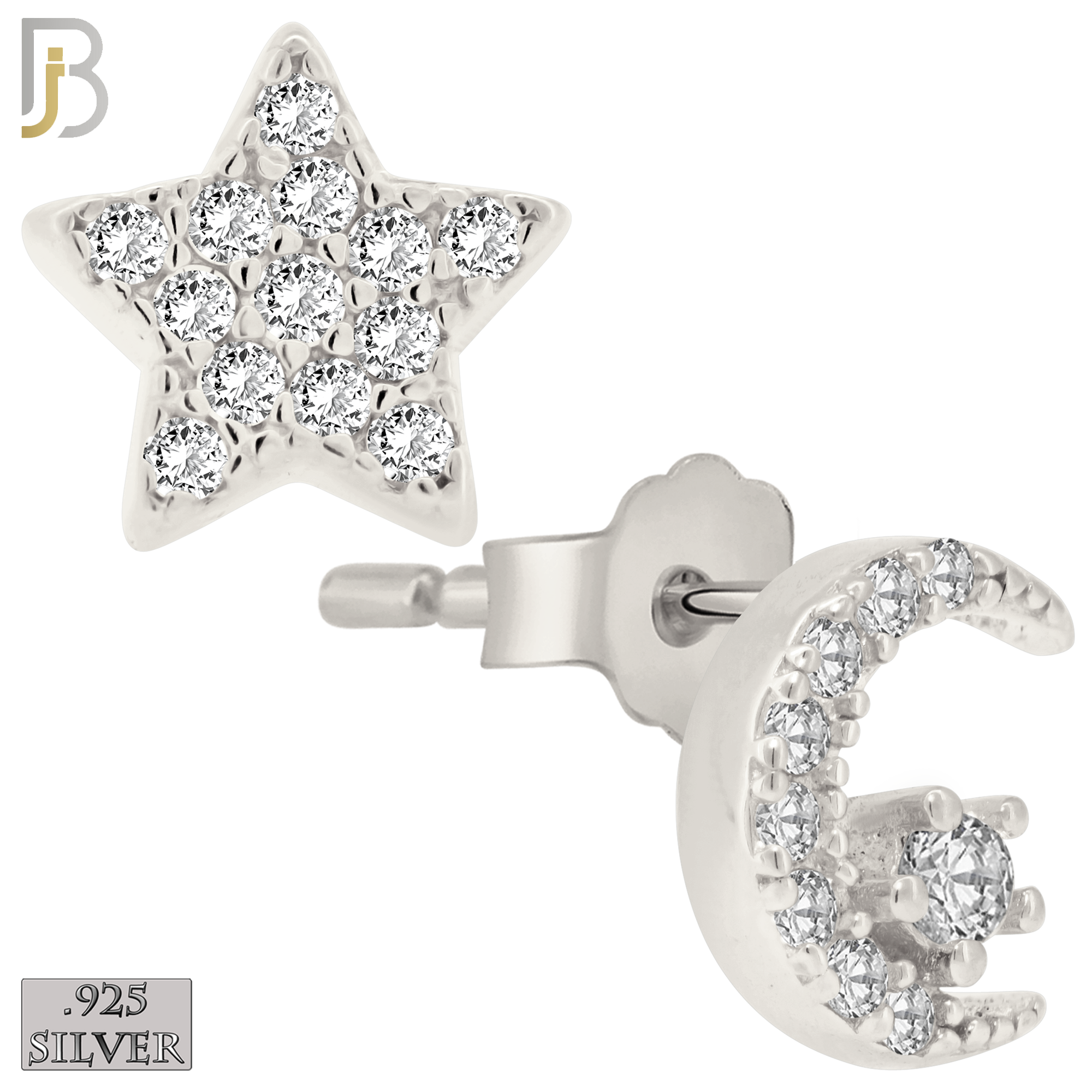 925-ES154 - Push Back - .925 Sterling Silver Crescent Moon and Star  Design with Zircon Design Earring Stud image 1
