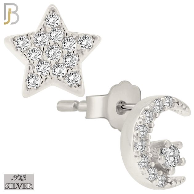 925-ES154 - Push Back - .925 Sterling Silver Crescent Moon and Star  Design with Zircon Design Earring Stud image 1