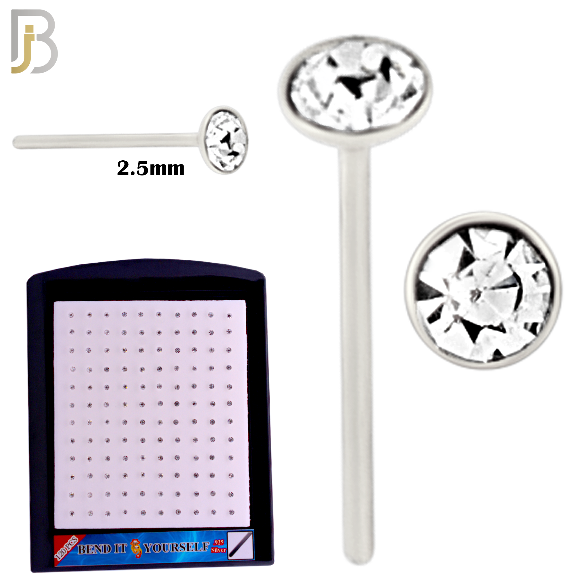 925-PK-NR05S-1C - 2.5mm CZ Clear 22g Thick, 925 Sterling Silver Bend It Yourself Nose Studs, Press Fit Packages Pack of 120. image 1