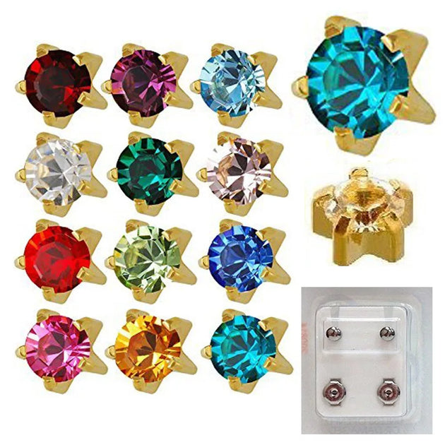 113 - 316L Surgical Steel Assorted Birthstone Caflon Prong Star Piercing Earrings Pack of 12 image