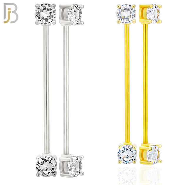 BB37 - 316L Surgical Steel Screw Bar with Brass Round Prong Setting Design Barbell Industrial (PACK OF 4) image 0