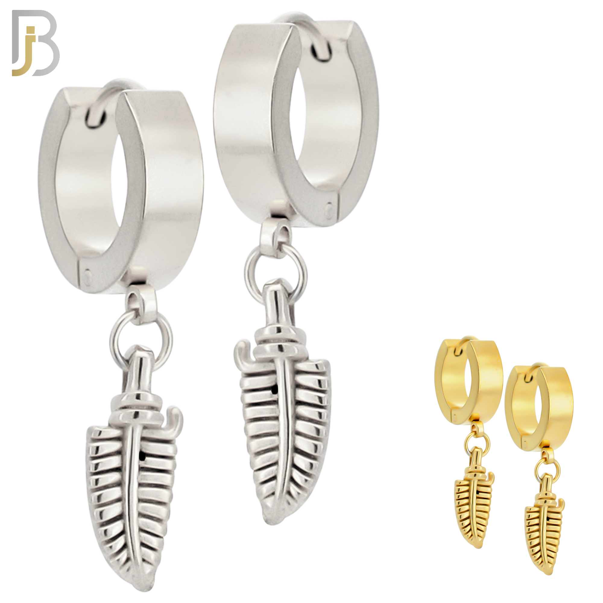 ES89 - 316L Stainless Steel Dangling 14.5mm Feather Long Design Huggies Clip On image 0