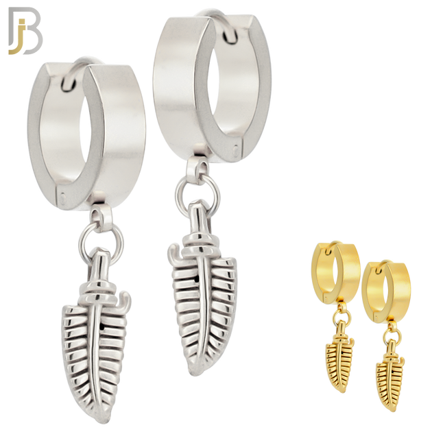 ES89 - 316L Stainless Steel Dangling 14.5mm Feather Long Design Huggies Clip On image 0