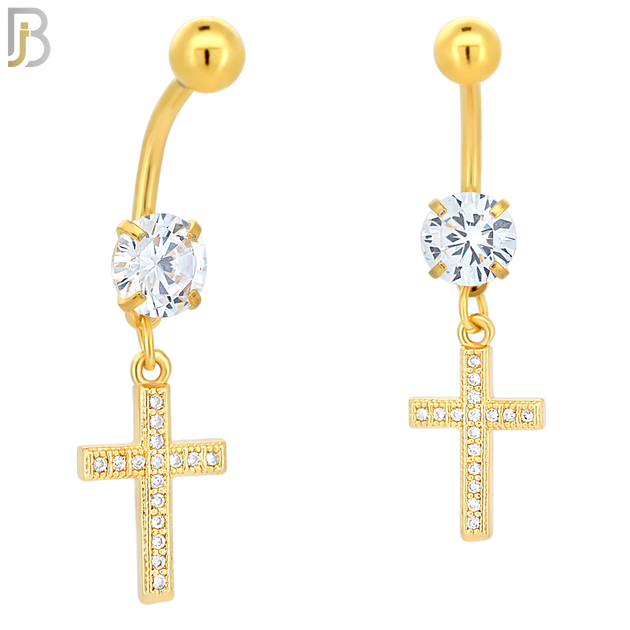 N013 - 316L Stainless Steel Dangling Cross with Multi CZ Belly Ring image 2