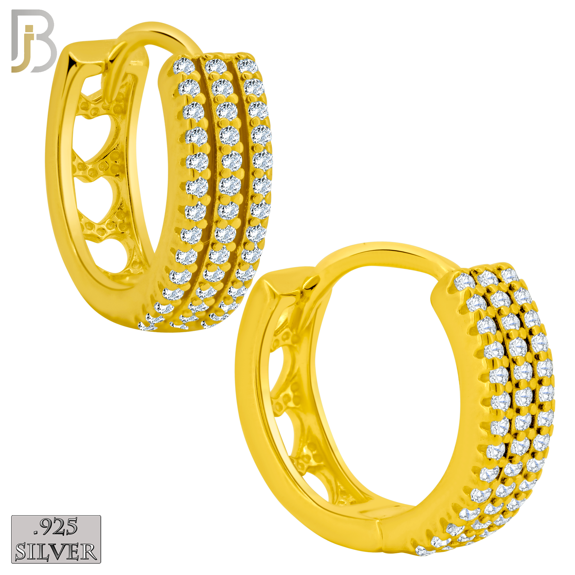 925-ES400 - .925 Sterling Silver Three Row CZ Studded Hoop Earrings with Hollow Heart Back image 1