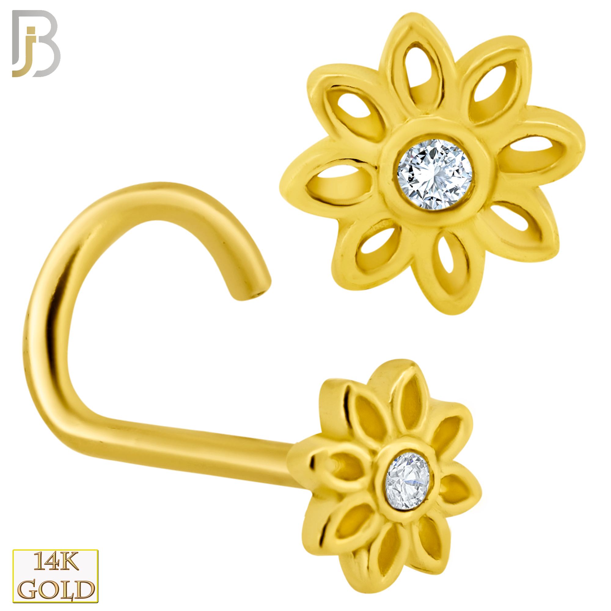 14-NR52C - 14k Solid Gold Corkscrew Flower Design Clear Zircon image 0