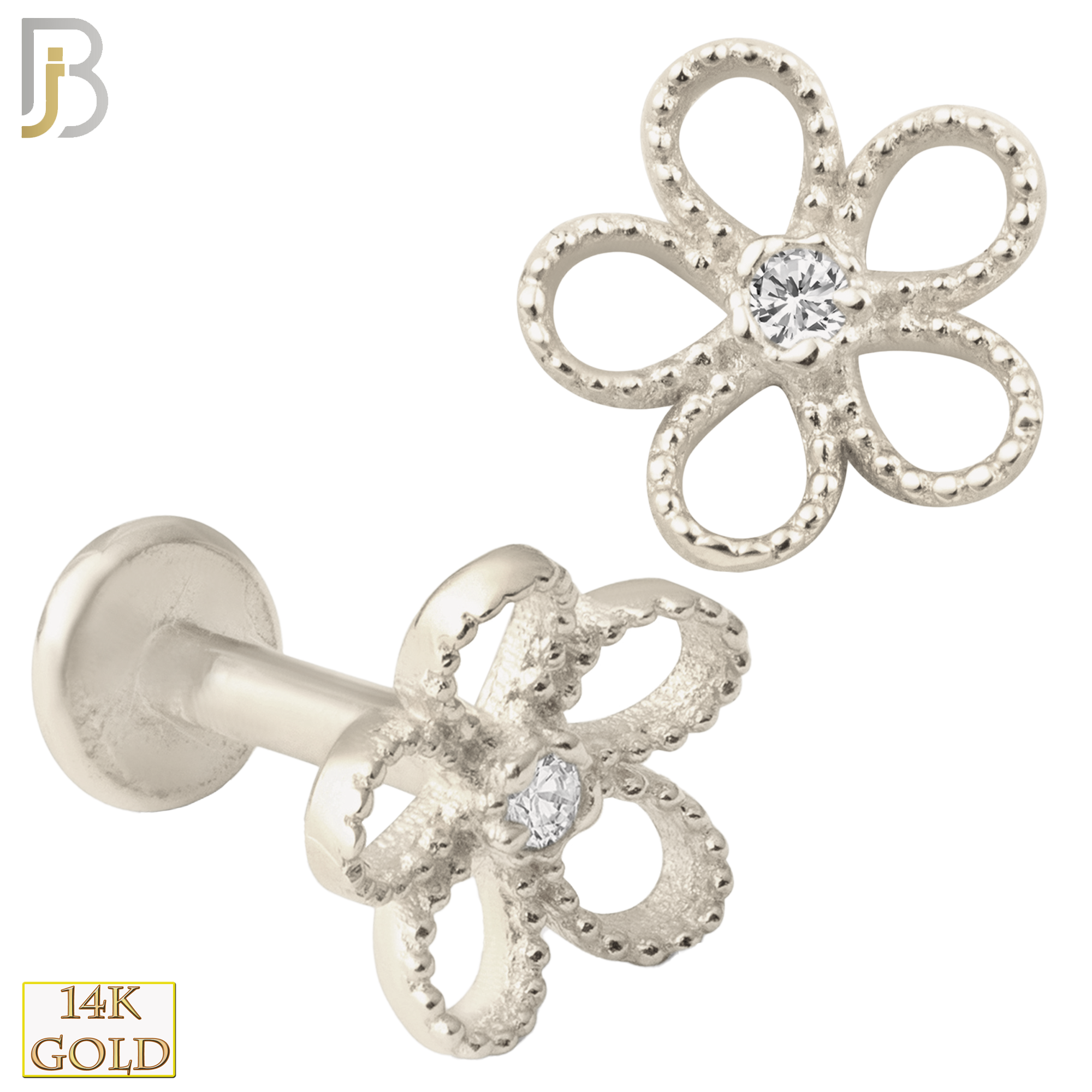 14-LB26 - 14k Yellow Gold Hollow Five Petal Flower with Zircon Labret image 1