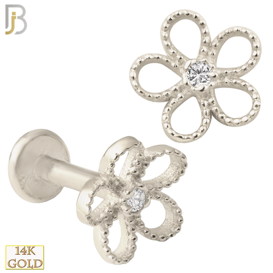 14-LB26 - 14k Yellow Gold Hollow Five Petal Flower with Zircon Labret image 1