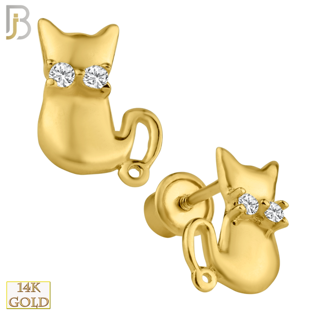 14-ES202 - 14k Solid Gold Cat Design Earring Stud with Clear Zircon image 0