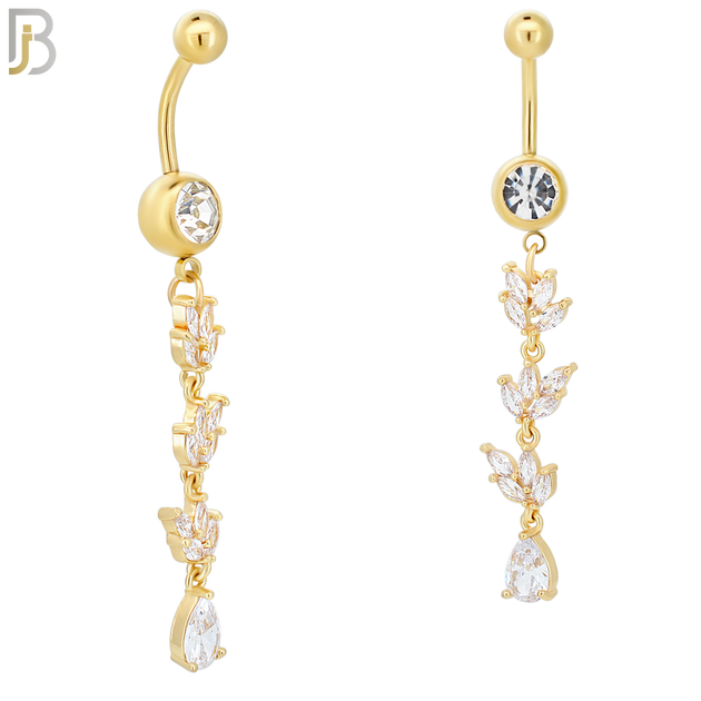 N059 - 316L Stainless Steel Dangling Leaves with Teardrop Design Belly Ring with 5mm Screw Ball Top image 2