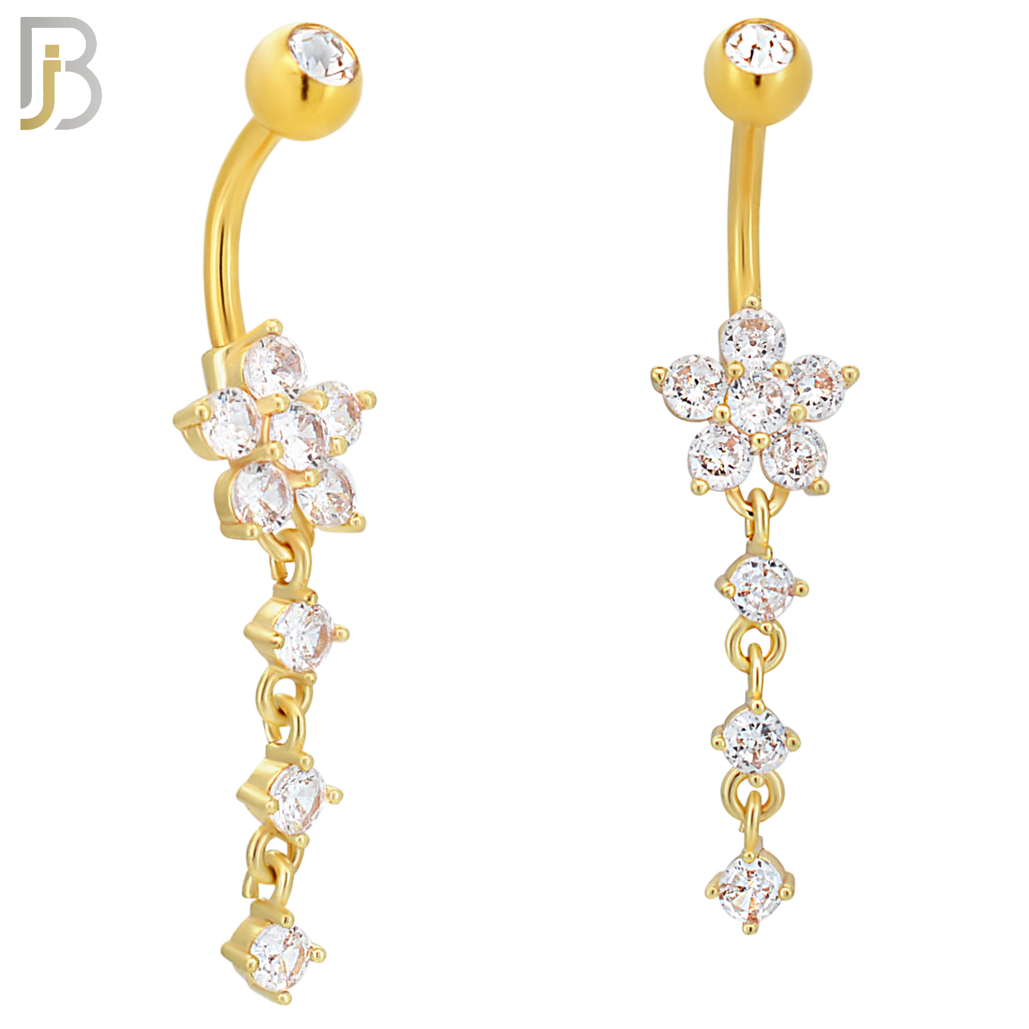 N0107  - 316L Stainless Steel Flower with Three Dangling Line of Zircon Belly Ring image 1
