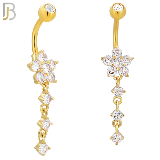 N0107  - 316L Stainless Steel Flower with Three Dangling Line of Zircon Belly Ring image 1