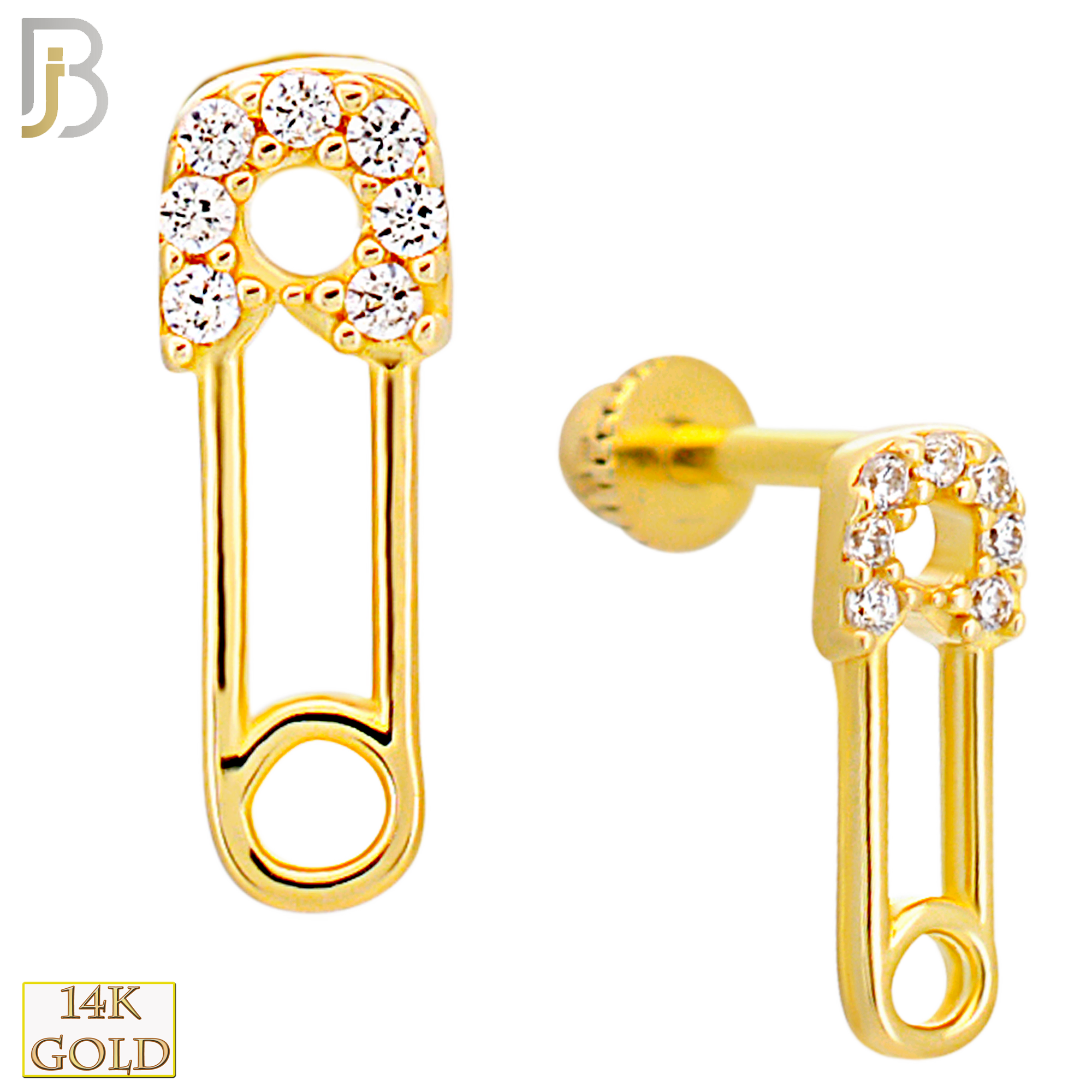 14-TB84 - 14k Yellow Gold Safety Pin with CZ Tragus Barbell with Baby Screw Backing image 0