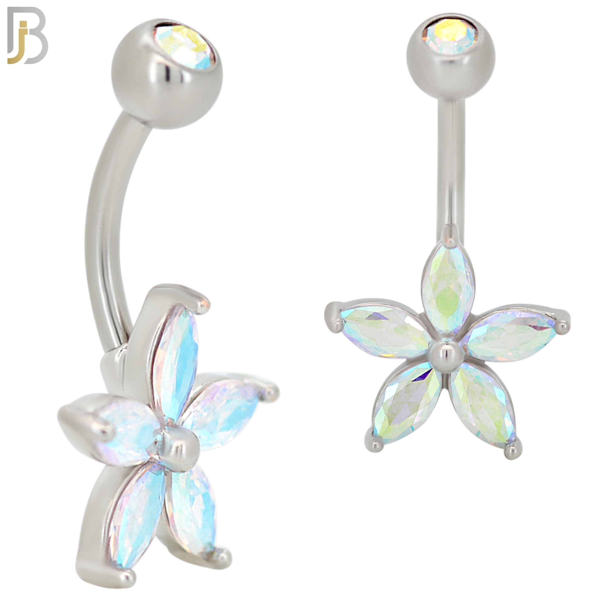 NB37 - 316L Stainless Steel Star Flower Zircon Banana Belly Navel Ring image 2