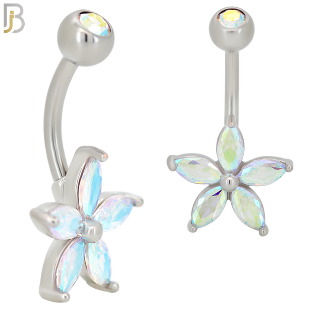 NB37 - 316L Stainless Steel Star Flower Zircon Banana Belly Navel Ring image 2