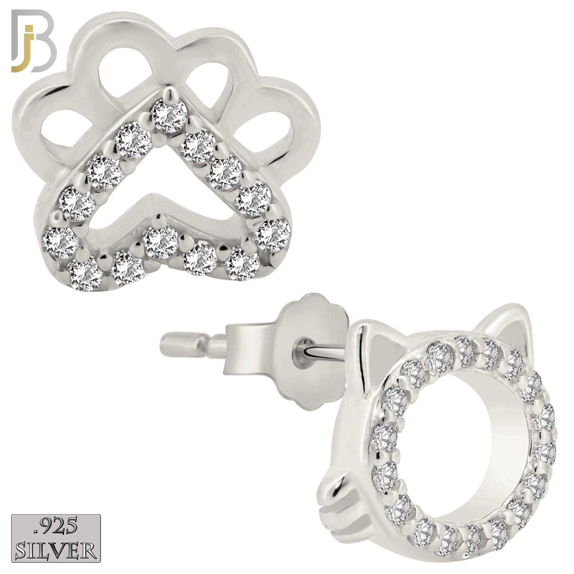 925-ES217 – Push back - .925 Sterling Silver Cat Head and Paw Mismatched Design Earring Stud with Zircon image 1