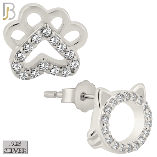 925-ES217 – Push back - .925 Sterling Silver Cat Head and Paw Mismatched Design Earring Stud with Zircon image 1