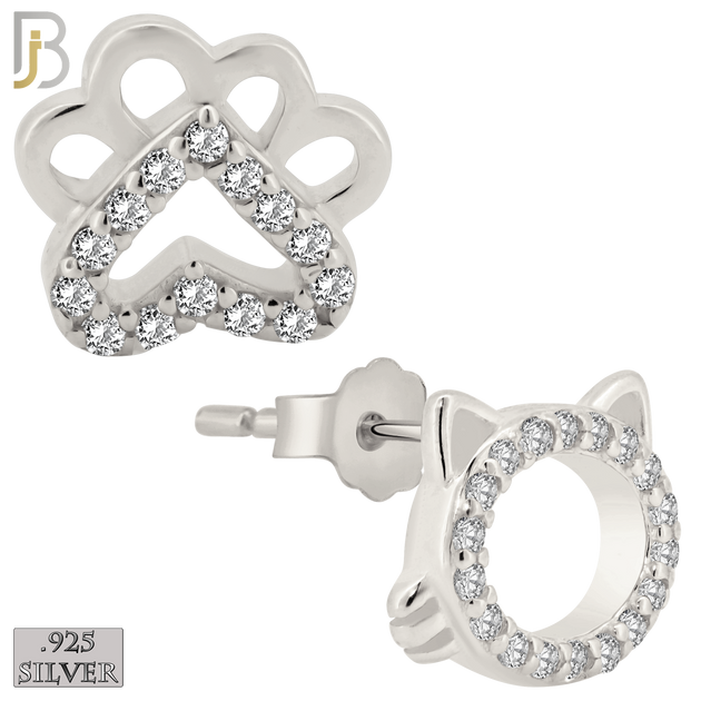 925-ES217 – Push back - .925 Sterling Silver Cat Head and Paw Mismatched Design Earring Stud with Zircon image 1
