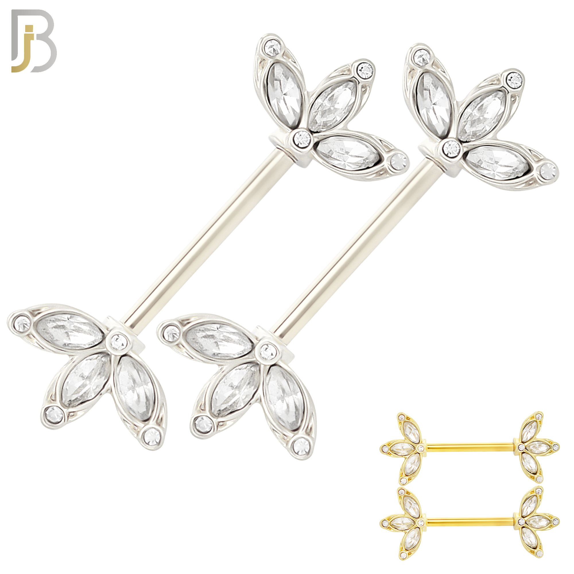 NP45 - 316L Surgical Steel Three Leaf Design with CZ Externally Threaded Nipple Ring Piercing Pair image 0