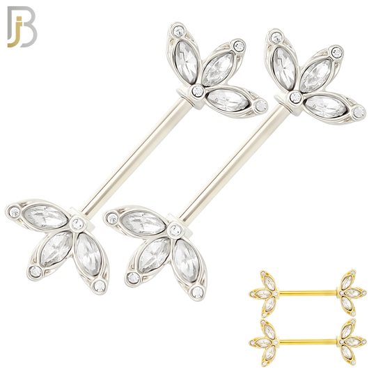 NP45 - 316L Surgical Steel Three Leaf Design with CZ Externally Threaded Nipple Ring Piercing Pair image 0