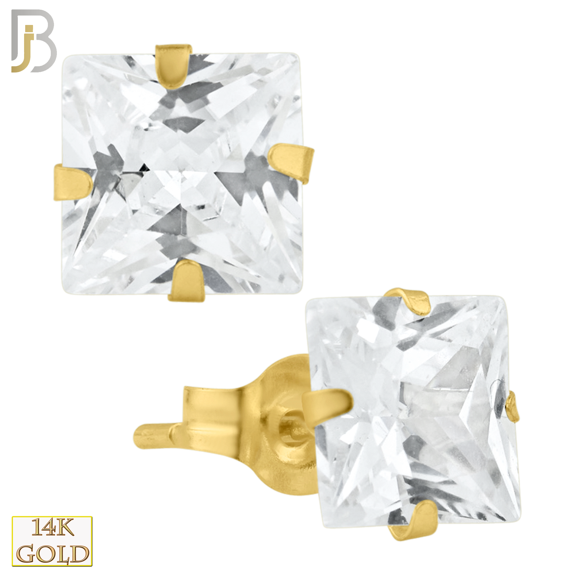 14-ES08SYC - 14K Yellow Gold Earring Stud Push Back Stamping Prong Setting with Square Clear Zircon image 1