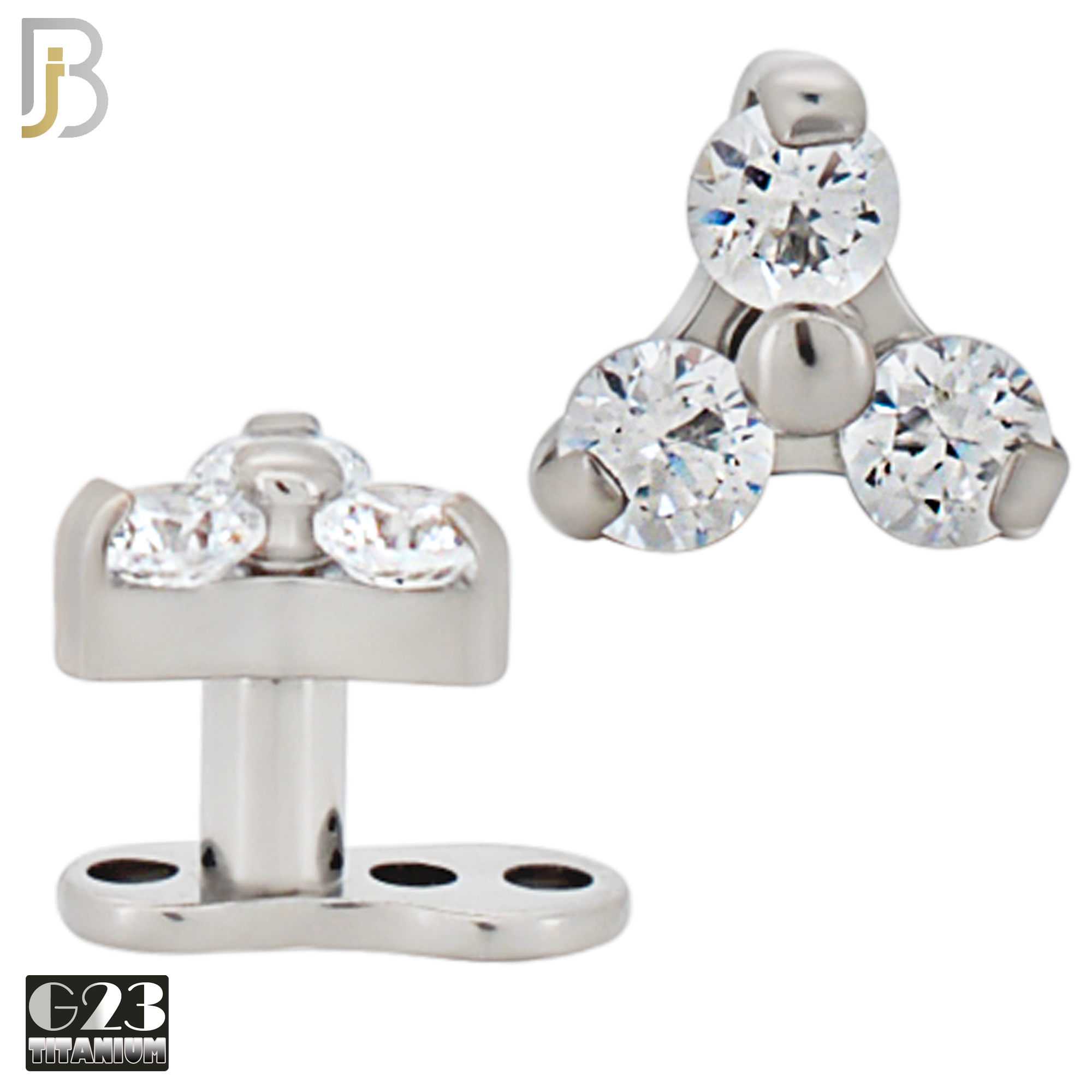 G23-DM21 - G23 Titanium Anchor with Surgical Steel Three Round Clear CZ in Triangle Dermal Top image 0