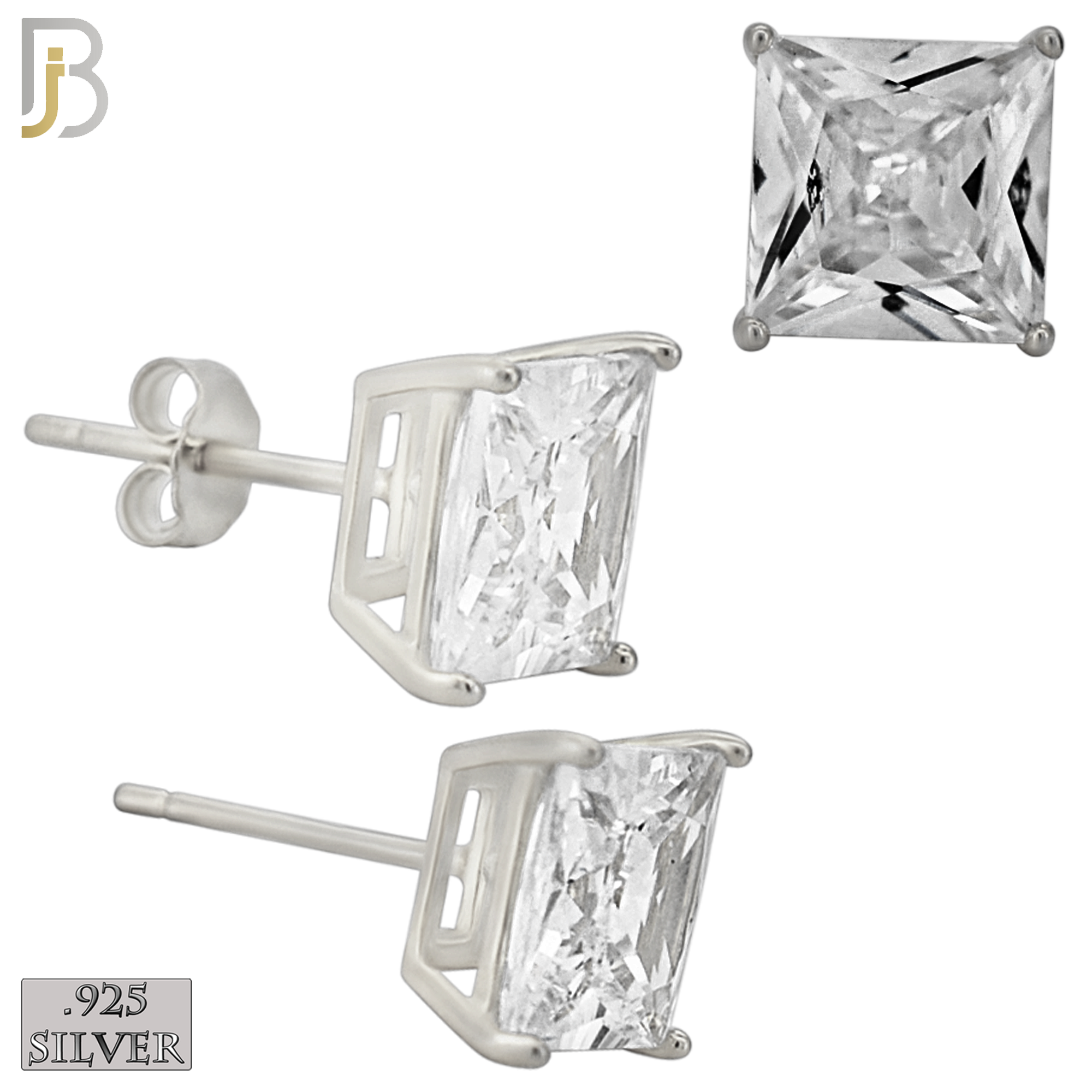 925-ES72-SC - .925 Sterling Silver Rhodium Plated Earring Stud Casting Square Princess Cut Prong Setting Clear Zircon image 7