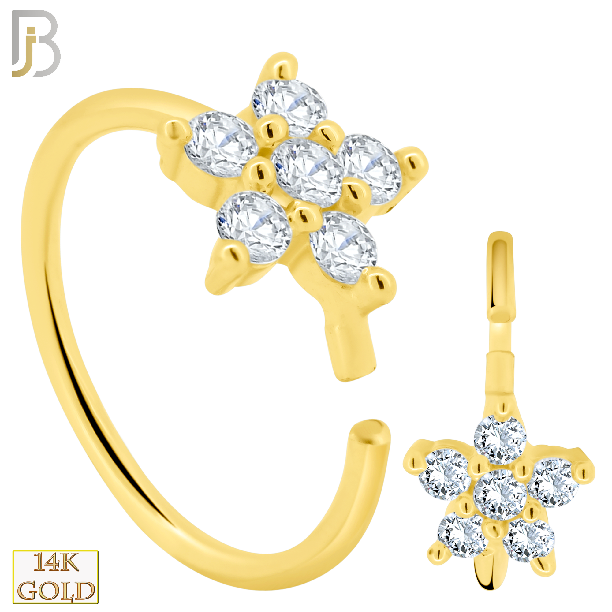 14-CT27C - 14k Solid Gold Five Petal Star Shaped Flower with Cubic Zirconia Hoops image 0