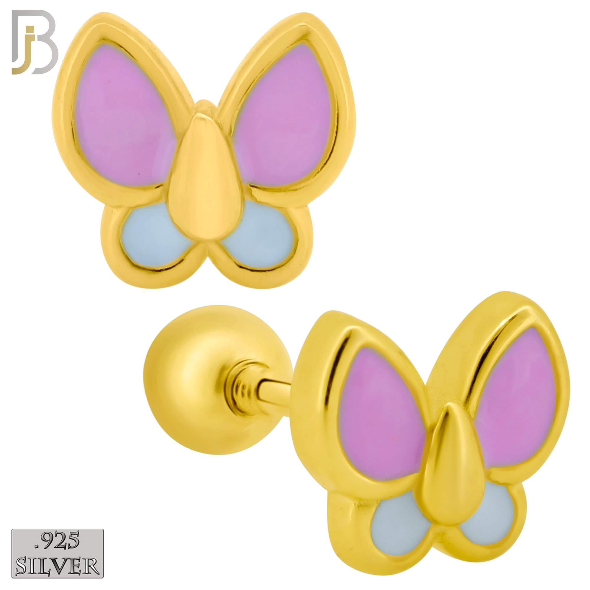 925-ES430 - Screw Ball Back - .925 Sterling Silver Pink & White Enamel Butterfly Earrings Stud image 1