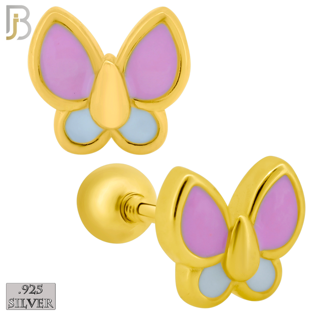 925-ES430 - Screw Ball Back - .925 Sterling Silver Pink & White Enamel Butterfly Earrings Stud image 1