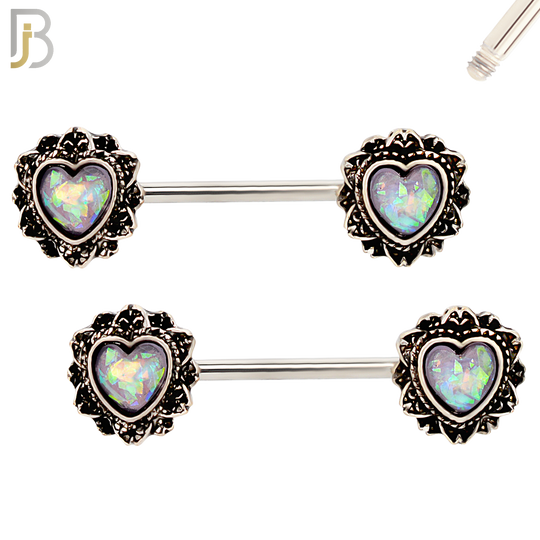 NP17 - 316L Surgical Steel Screw Heart Opal Nipple Ring Piercing image 2