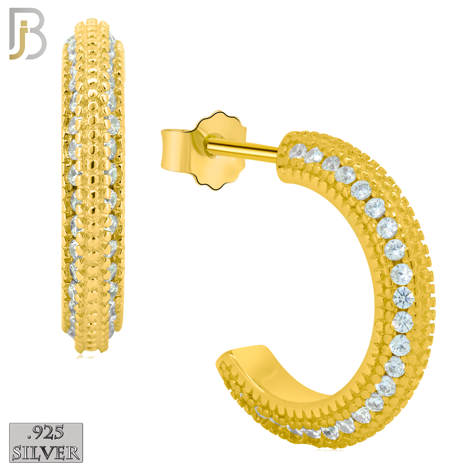 925-ES259 - .925 Sterling Silver Half Hoops with Multi Zircon in the Side Design Earrings Stud image 2