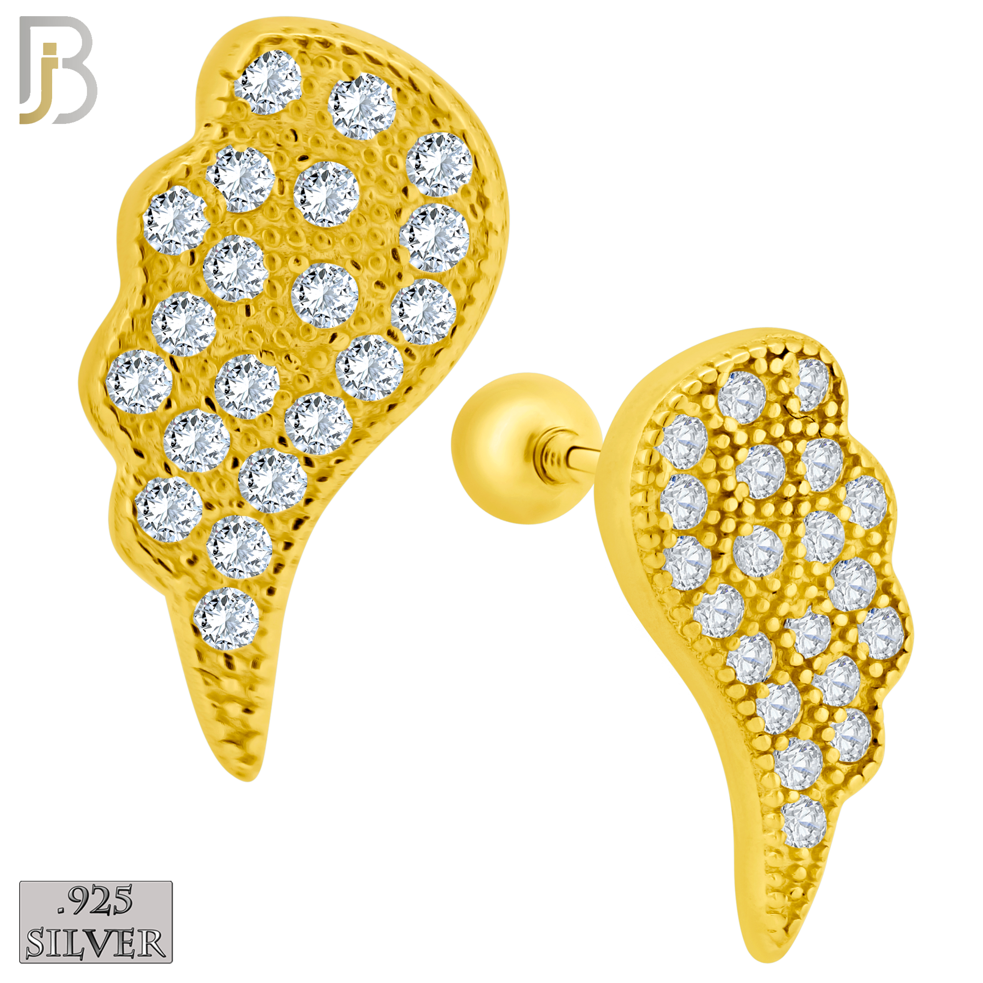 925-ES414 - Screw Ball Back -  925 Sterling Silver CZ Studded Angel Wings Stud Earrings image 1