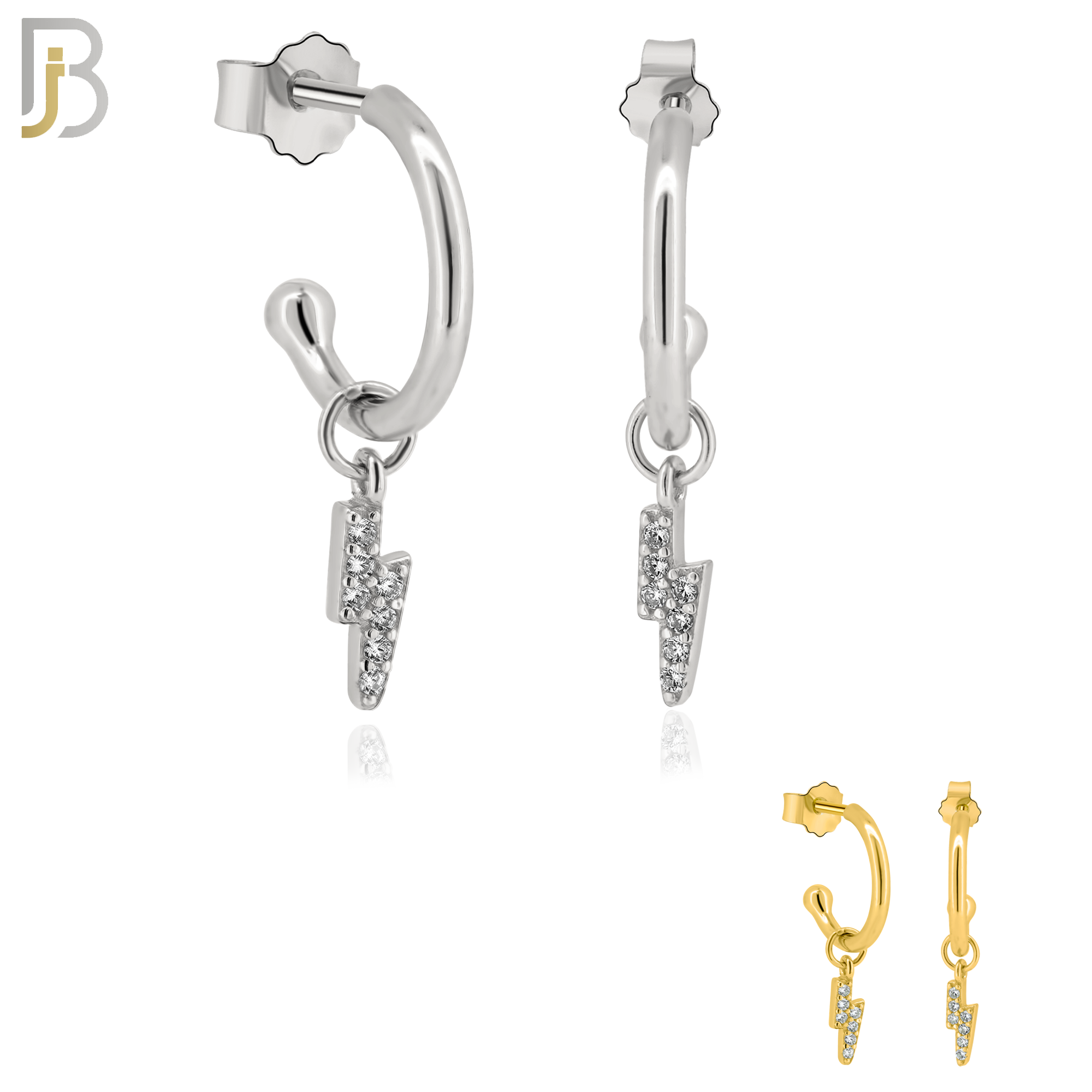925-ES188 - .925 Sterling Silver Dangling Lightning Bolt  Half Hoop Earring  with Zircon Design Push Backing image 0
