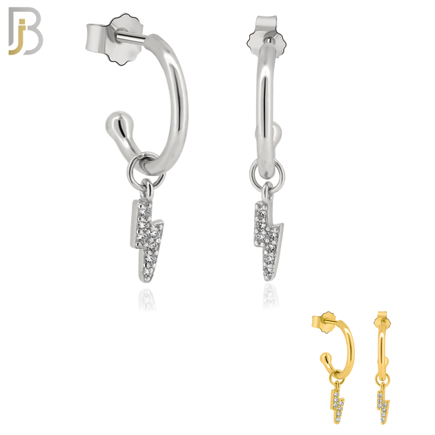 925-ES188 - .925 Sterling Silver Dangling Lightning Bolt  Half Hoop Earring  with Zircon Design Push Backing image 0