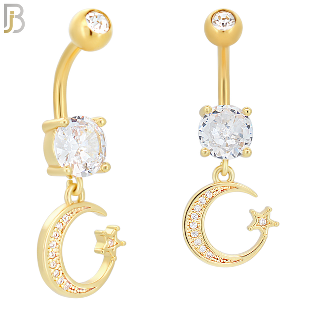 N020 - 316L Stainless Steel Dangling Crescent Moon with Star and Zircon Design Belly Ring with 5mm Screw Ball image 2